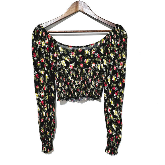 Urban Outfitters Top Cropped Smocked Long Sleeve Floral Boho V-neck Women's Sz S - Picture 2 of 6